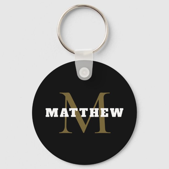 Black White Gold Monogram Name Minimal Key Ring (Front)
