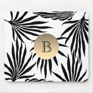 Black White Gold Monogram , Tropical Palm Tree Mouse Mat