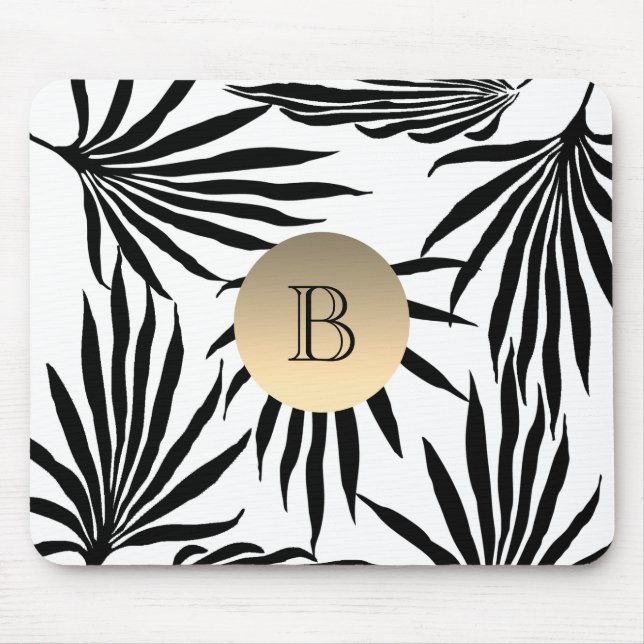 Black White Gold Monogram , Tropical Palm Tree Mouse Mat (Front)
