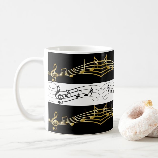 Black White Gold Music Notes Mug (With Donut)