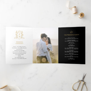 Black white gold photo crown monogram wedding Tri-Fold programme