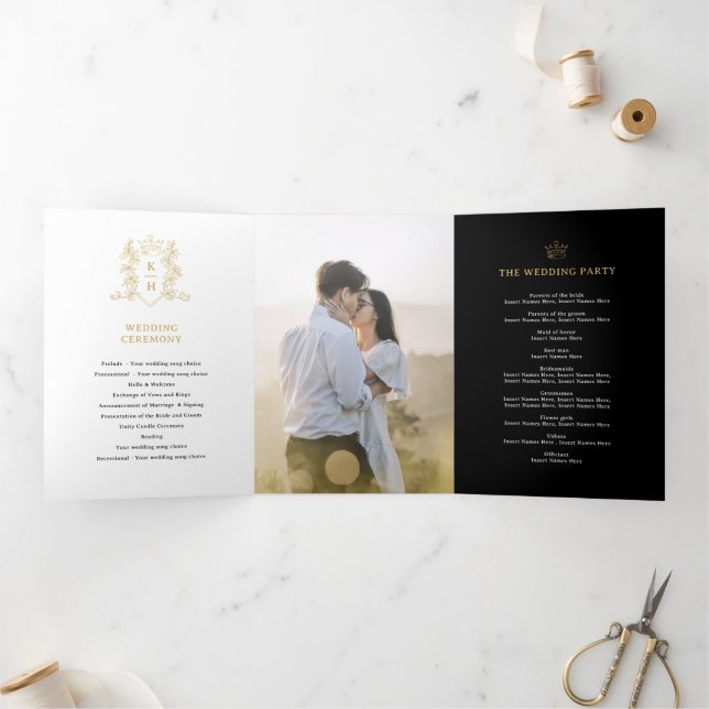Black white gold photo crown monogram wedding Tri-Fold programme (Inside)