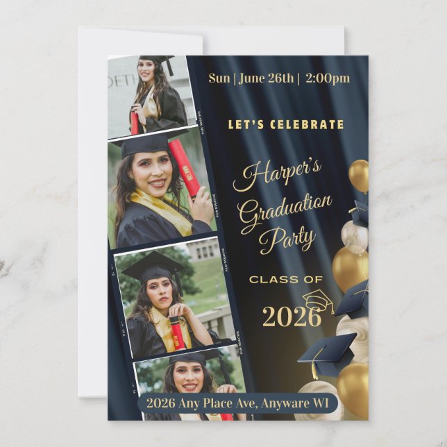 Black White & Gold Photo Graduation Party Invite (Front)