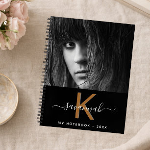 Black white gold photo monogram script notebook