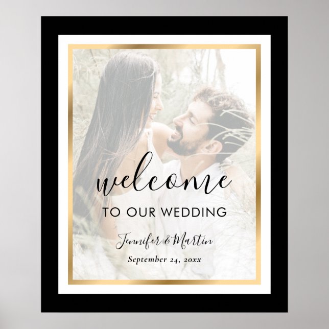 Black White Gold Photo Wedding Welcome Sign (Front)