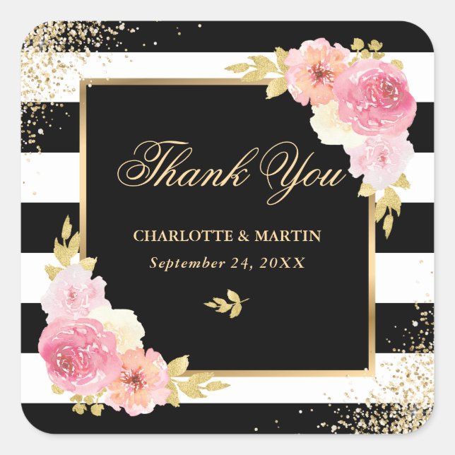 Black White Gold Pink Floral Wedding Thank You Square Sticker (Front)