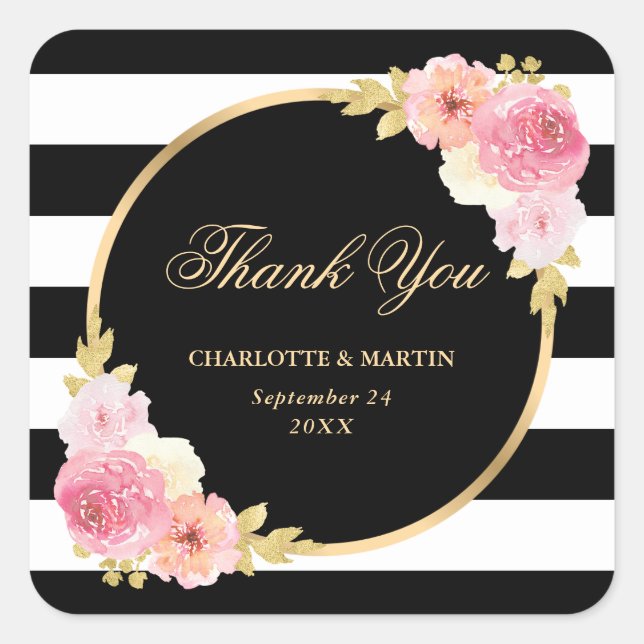 Black White Gold Pink Floral Wedding Thank You Square Sticker (Front)