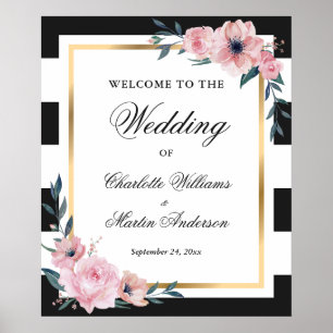 Black White Gold Pink Floral Wedding Welcome Sign