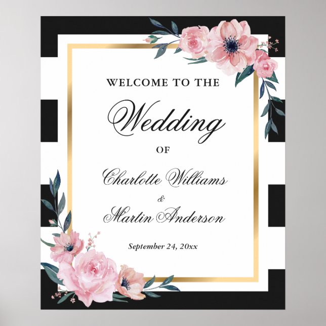 Black White Gold Pink Floral Wedding Welcome Sign (Front)