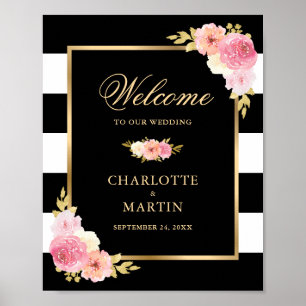 Black White Gold Pink Floral Wedding Welcome Sign