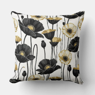 Black, white & Gold Poppies Cushion