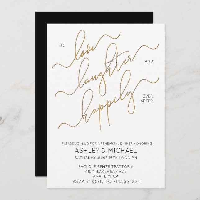 Black White & Gold Script Rehearsal Dinner Invite (Front/Back)