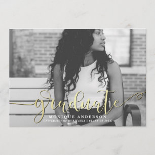Black White & Gold Script & Stripes Graduate Photo Announcement