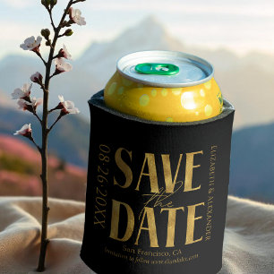 Black & White Gold Script Wedding Save The Date Can Cooler