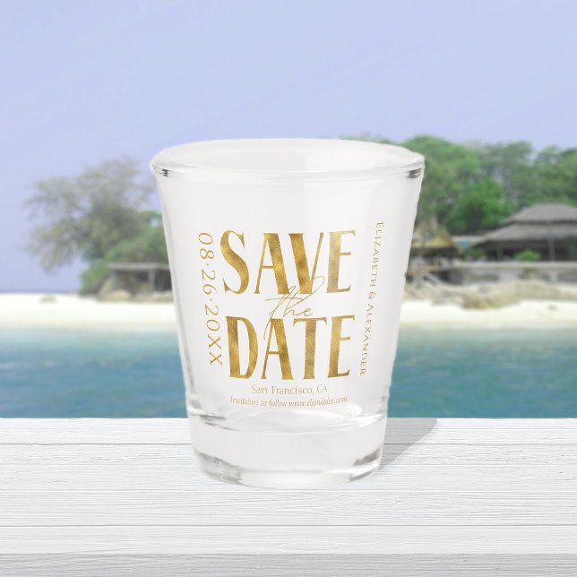 Black & White Gold Script Wedding Save the Date Shot Glass (Creator Uploaded)