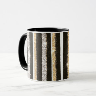 Black White Gold Silver Glitter Stripes Mug