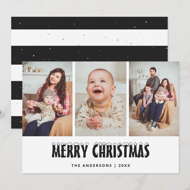 Black White Gold Snow Photo Collage Christmas Card (Front/Back)
