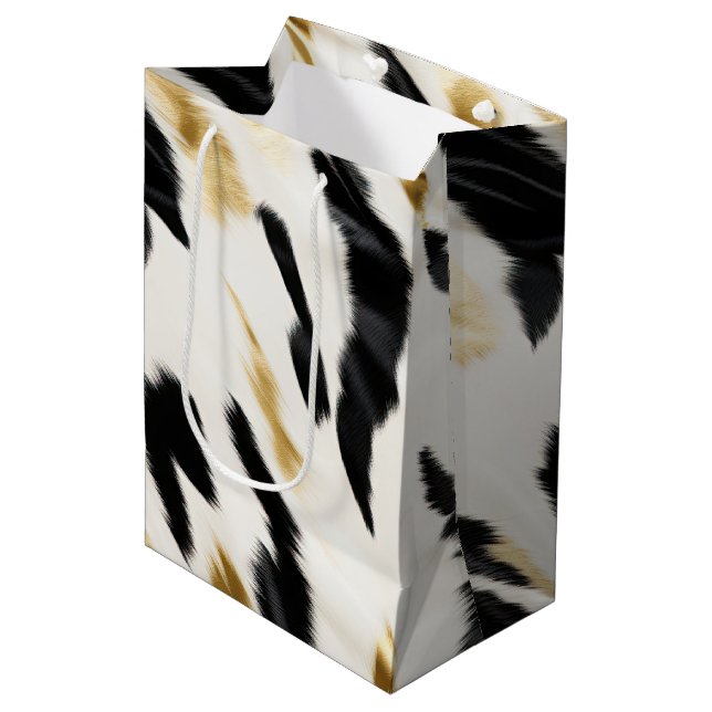 Black White Gold Southwest Cowhide Birthday Medium Gift Bag (Front Angled)