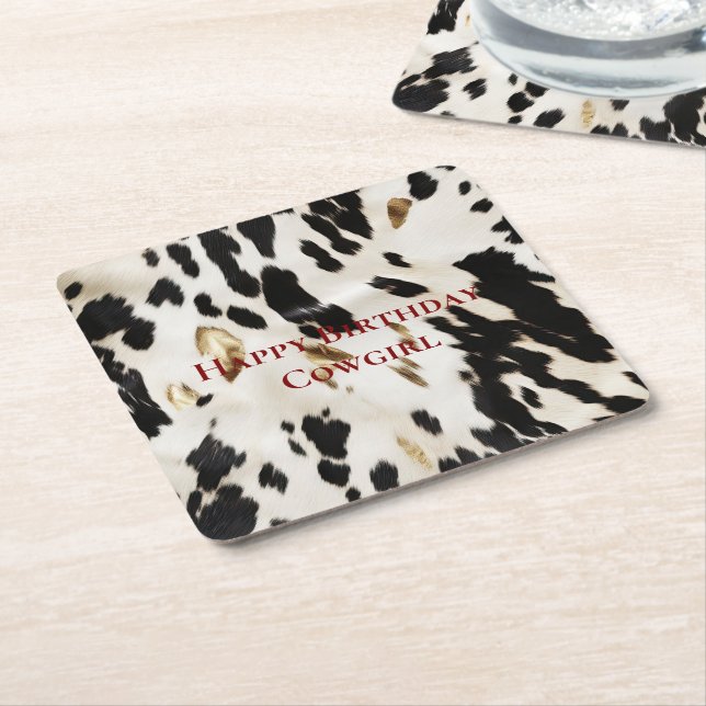 Black White Gold Southwest Cowhide Birthday Square Paper Coaster (Angled)
