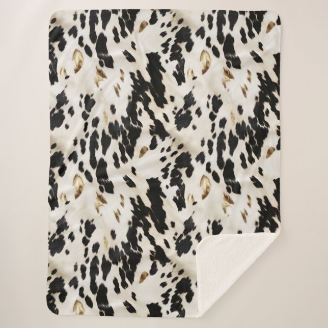 Black White Gold Southwest Cowhide  Sherpa Blanket (Front)