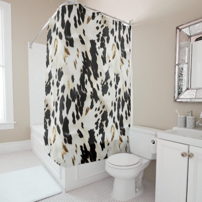 Black White Gold Southwest Cowhide  Shower Curtain (In Situ)