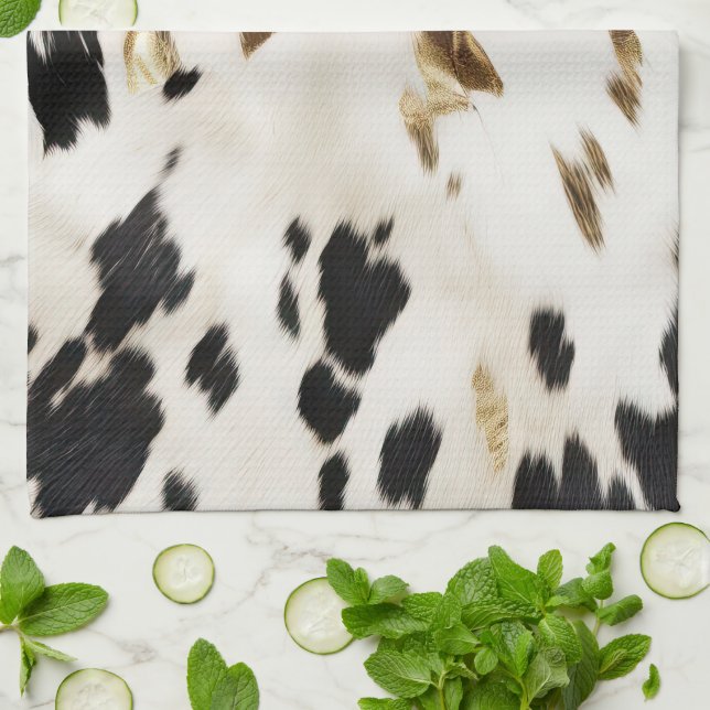 Black White Gold Southwest Cowhide  Tea Towel (Folded)