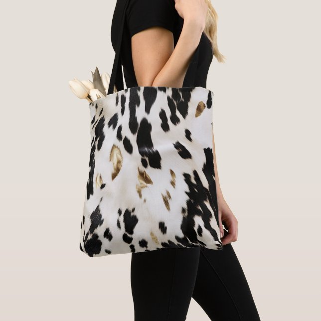 Black White Gold Southwest Cowhide  Tote Bag (Close Up)
