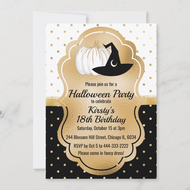 Black & White Gold Spots Halloween Birthday Invitation (Front)