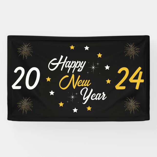 Black White & Gold Star Happy New Year 2024 Banner (Horizontal)