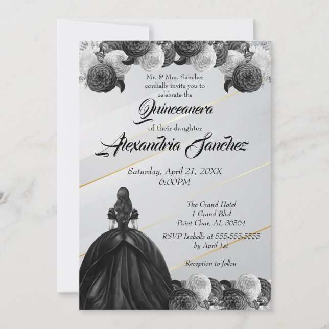 Black & White Gold Striped Floral Quinceanera Invitation (Front)