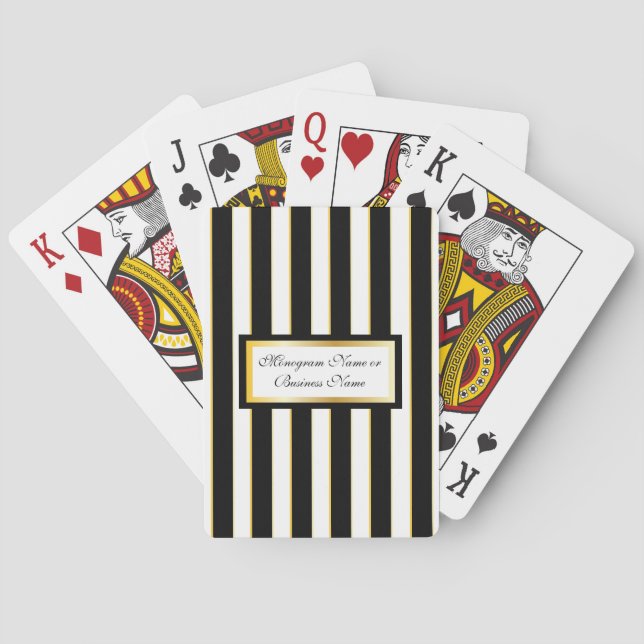 Black, White & Gold Striped Monogram Playing Cards (Back)