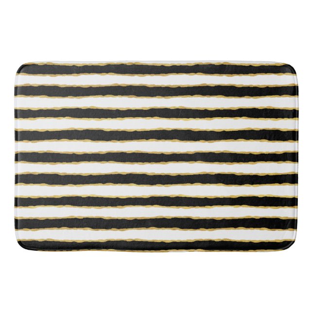 Black White Gold Stripes Bath Mat (Front)