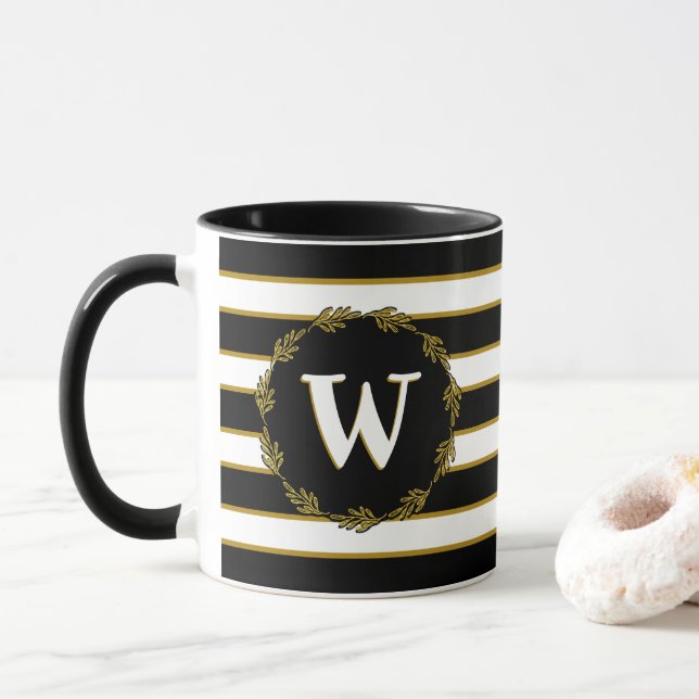 Black White Gold Stripes Botanical Wreath Monogram Mug (With Donut)