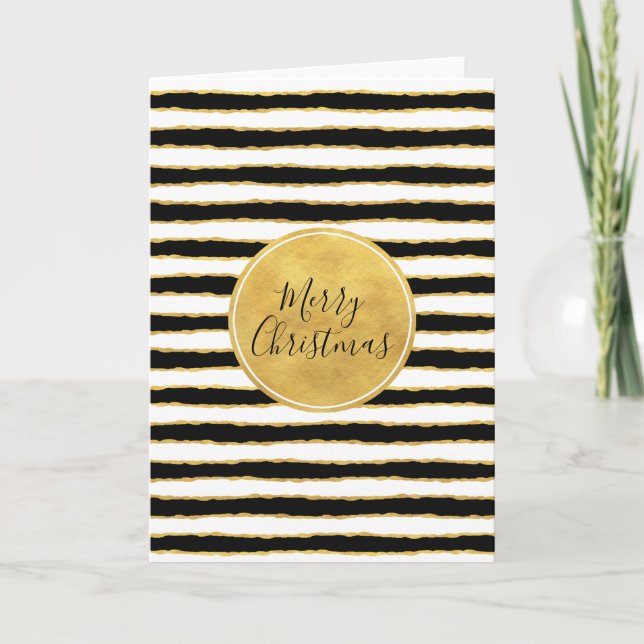 Black White Gold Stripes Christmas Holiday Card (Front)