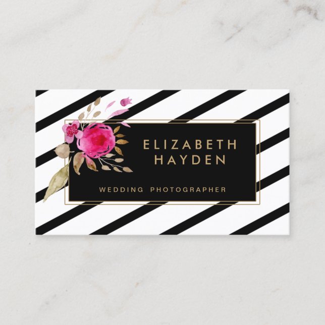 black white gold stripes Floral business card (Front)