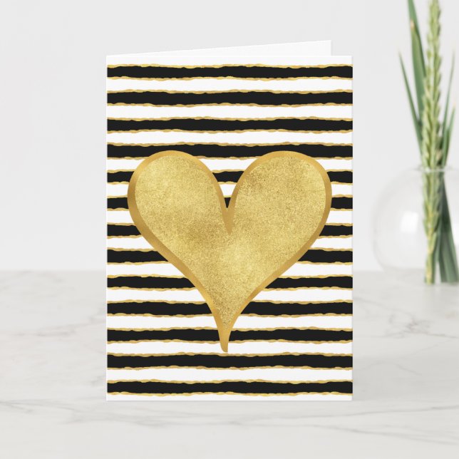 Black White Gold Stripes Heart I love you Card (Front)