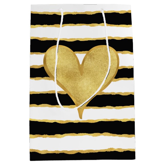 Black White Gold Stripes Heart Medium Gift Bag (Front)