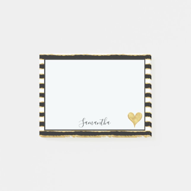 Black White Gold Stripes Heart Post-it Notes (Front)
