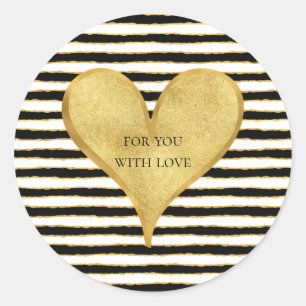 Black White Gold Stripes Heart Quote Classic Round Sticker