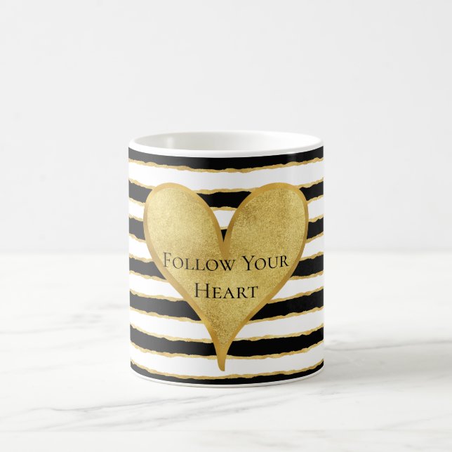 Black White Gold Stripes Heart Quote Coffee Mug (Center)