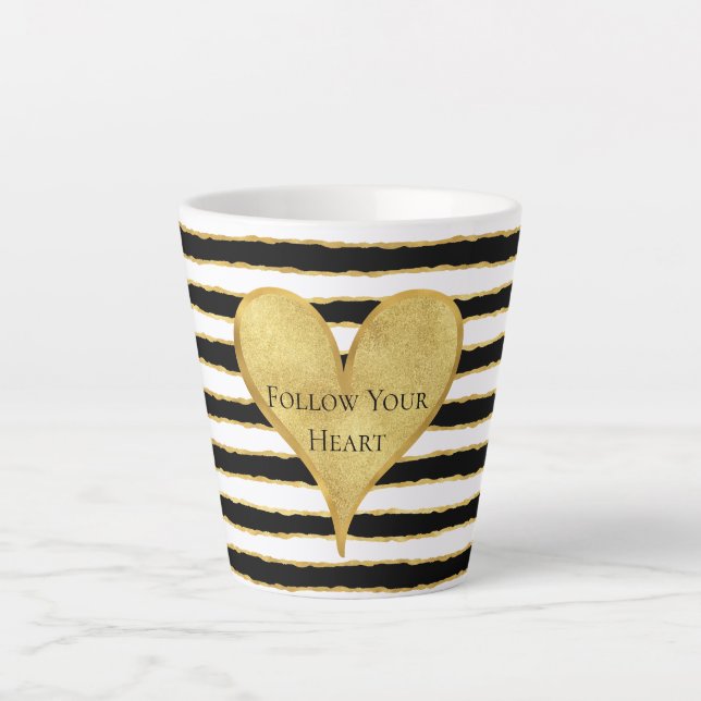Black White Gold Stripes Heart Quote Latte Mug (Front)