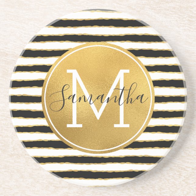Black White Gold Stripes Monogram Coaster (Front)