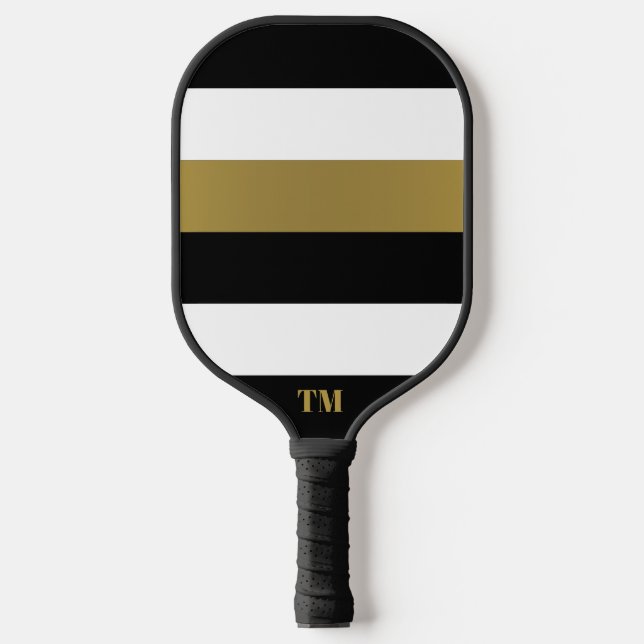Black White Gold Stripes Monogram Pickleball Paddle (Front)