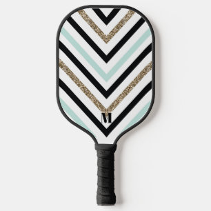Black White Gold Stripes Pattern Modern Monogram Pickleball Paddle