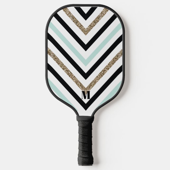 Black White Gold Stripes Pattern Modern Monogram Pickleball Paddle (Front)