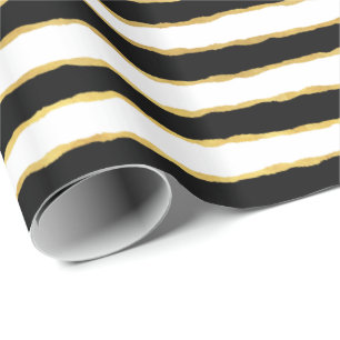 Black White Gold Stripes Wrapping Paper