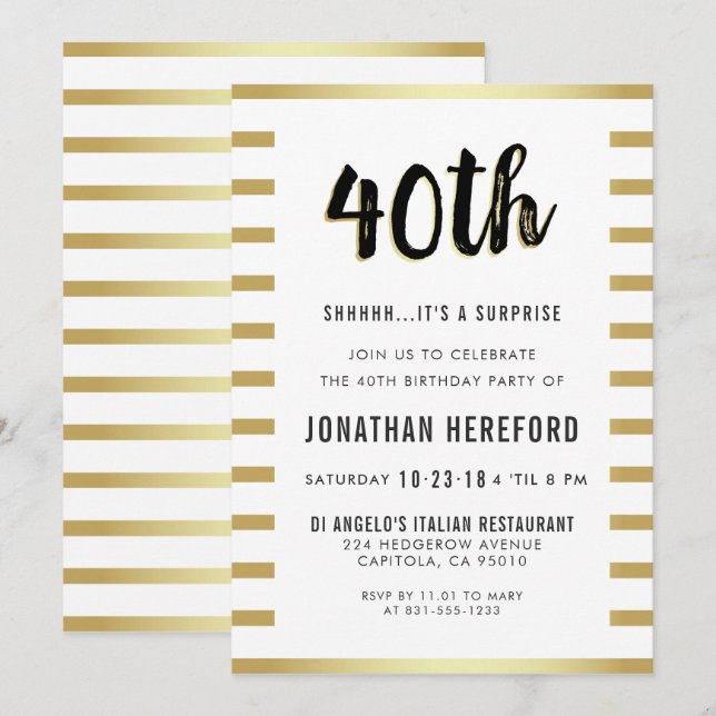 Black, White & Gold Surprise 40th Birthday Party Invitation (Front/Back)