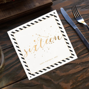 Black White Gold Sweet Sixteen 16th Birthday Napkin
