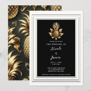 Black White & Gold Tropical Pineapple Wedding Invitation