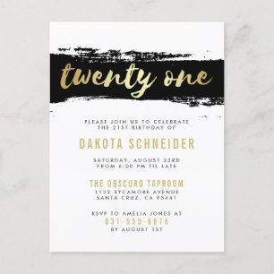 Black, White & Gold Twenty First Birthday Party Invitation Postcard